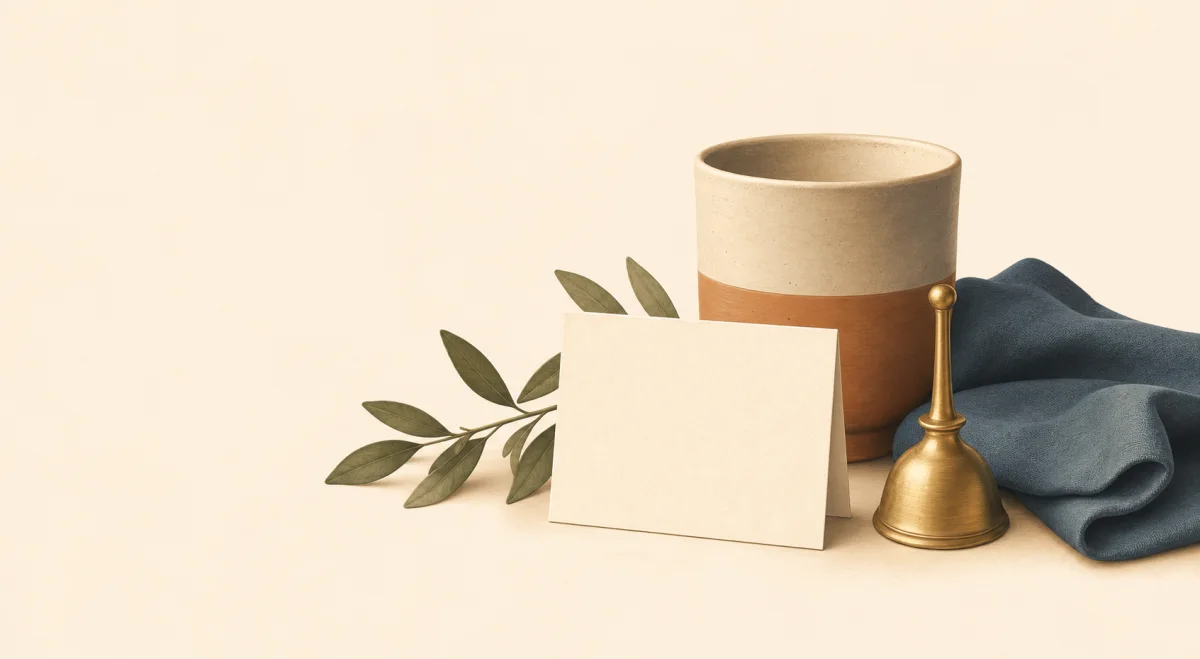 Una taza, una tarjeta y una campana sobre una mesa cálida